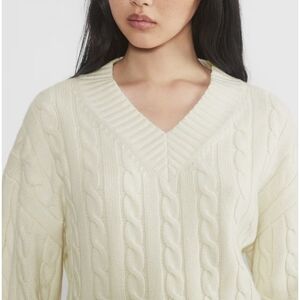 SUNDAY BEST Peggy V Neck Sweater Whisper White Cable Knit Wool S Small Aritzia